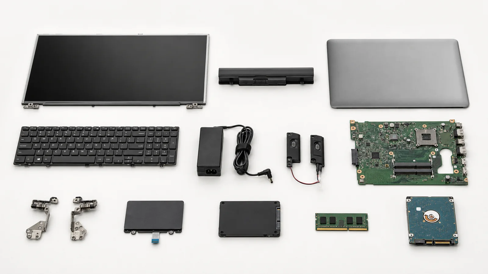 Laptop display, battery, charger, keyboard, speakers, motherboard, panel, hinges, touchpad, SSD, RAM and hard drive arranged on a clean surface
